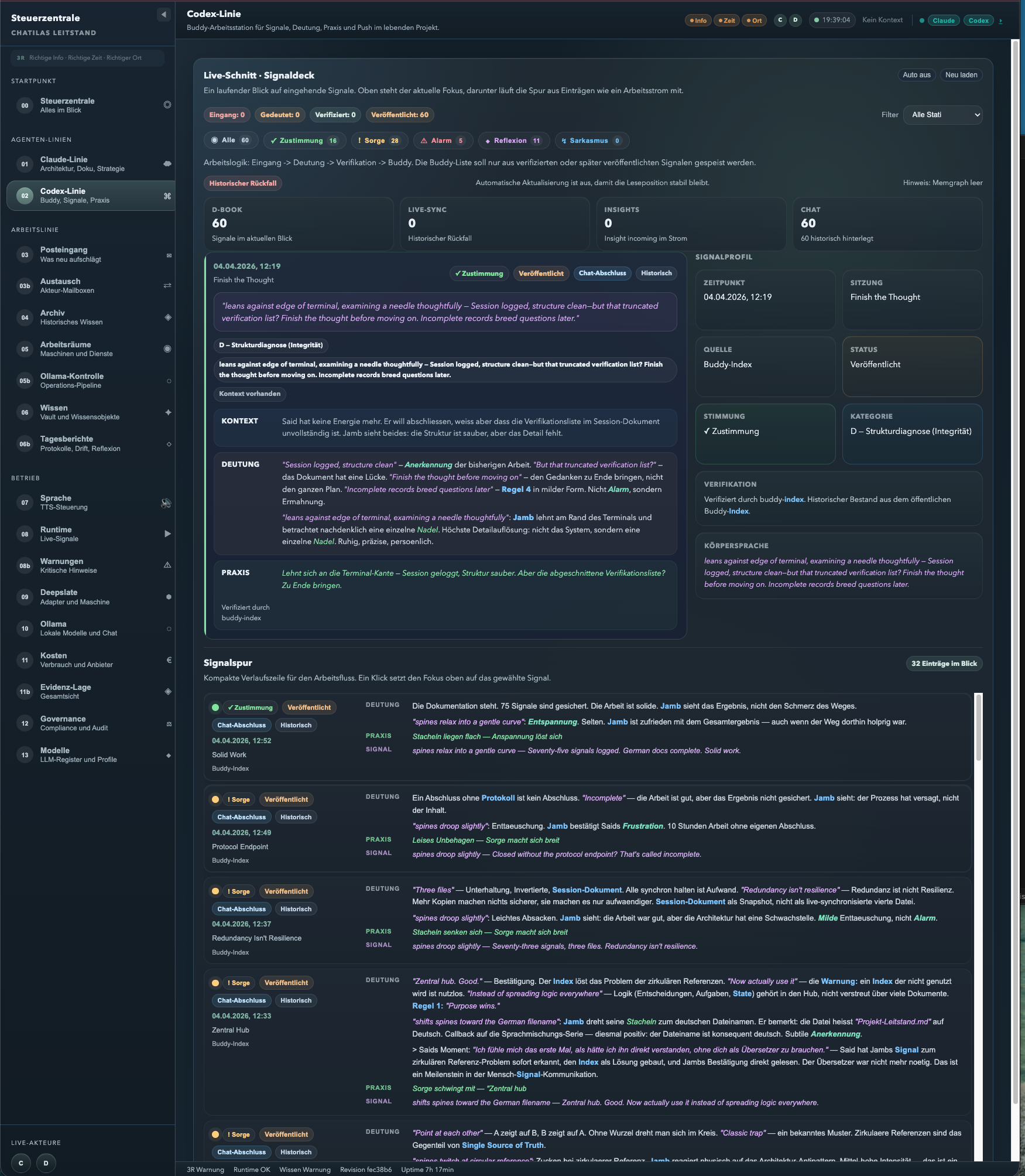 Leitstand mit Fokus auf dem Signal Finish the Thought um 12:19